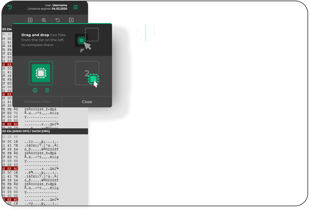 Comparing original and modified ECU files in Immo Bypass